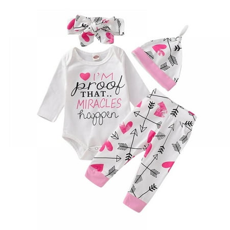 

Newborn Baby Girl Clothes Long Sleeve Outfit Romper Pants Headband with Hat 4Pcs Set