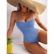 thumbnail image 3 of Traje de baño de una pieza sexy azul para mujer con hombros descubiertos y abertura lateral doble. Traje de baño creativo., 3 of 5