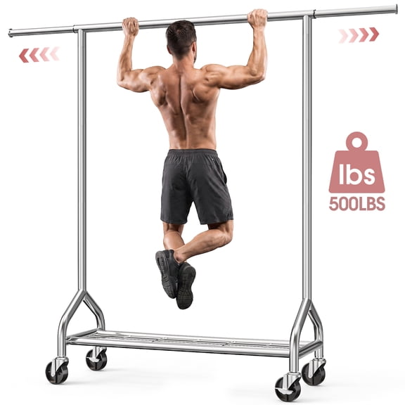 Sakugi Heavy Duty Clothes Rack - Extendable Stainless Steel Clothing Rack for Hanging Clothes with Mesh Shelf, 49.8–74.8" x 62.6" x 16.5", Silver