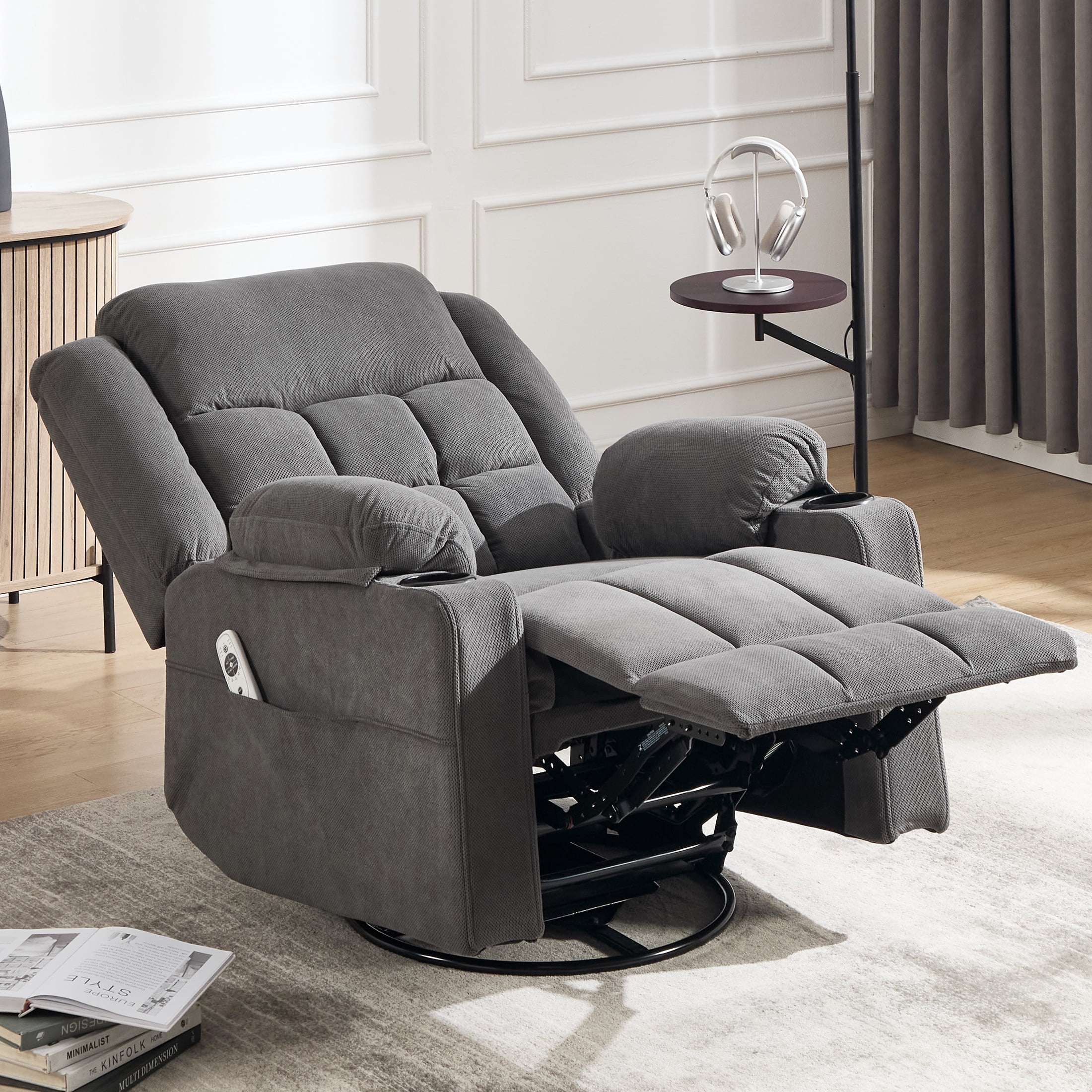 Swivel Rocker Recliner Chair for Adults with Massage and Heat, Cup Holders and Side Pockets, Glider Rocking Reclining Single Sofa Chair for Living Room (Dark Grey)