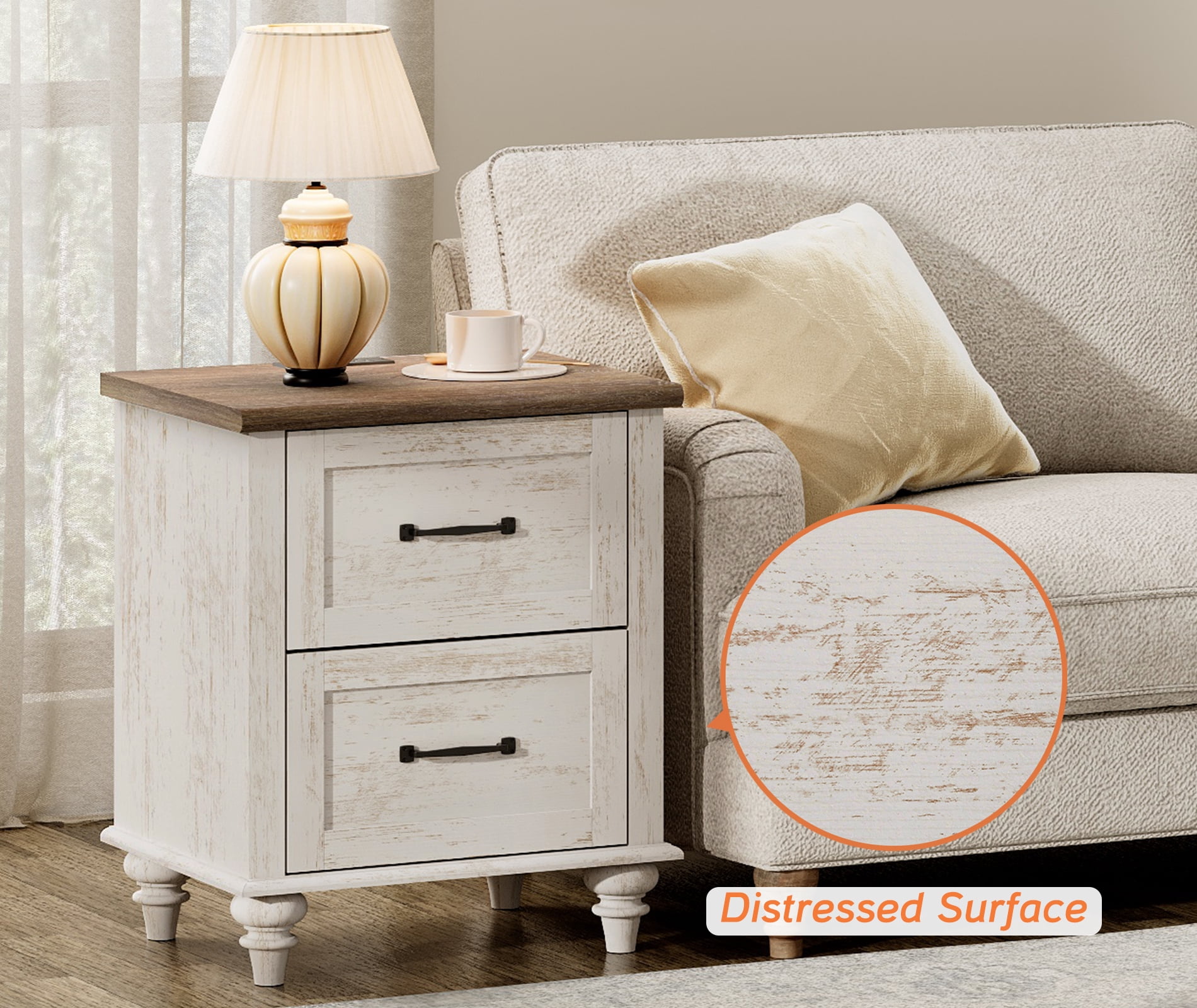 Antique White Side Table with 2 Drawers, Rustic End Table with Charging Station, Wooden Nightstand for Bedroom, Living Room