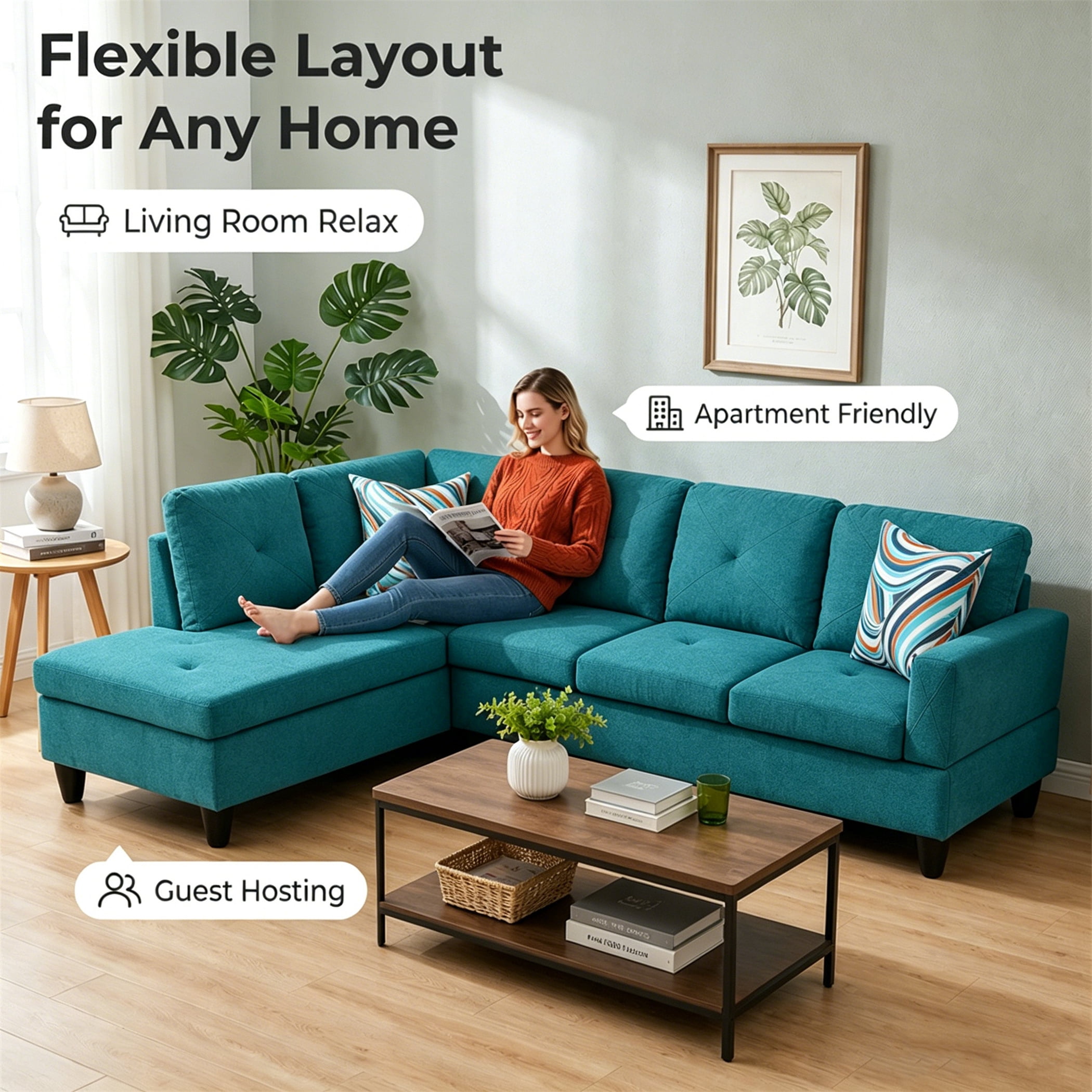 Aukfa 97" Classic Sectional Sofa 4 Seat L shape Couch for Living Room, 2Pillows, Oversized Left Chaise, Linen, Aqua Blue