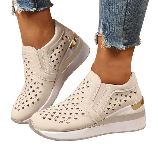 Chaussures de Marche à Enfiler à Plateforme Compensée pour Femmes, Respirantes, Cœur Ajouré, en Cuir, Mocassins Décontractés d'Automne, Espadrilles