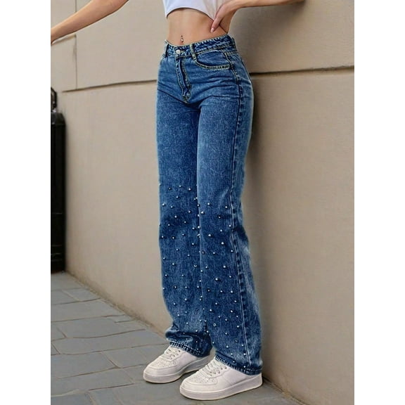 Women's High Waist Pearl Embellished Flare Jeans Vintage Dark Wash 90s Denim Pants