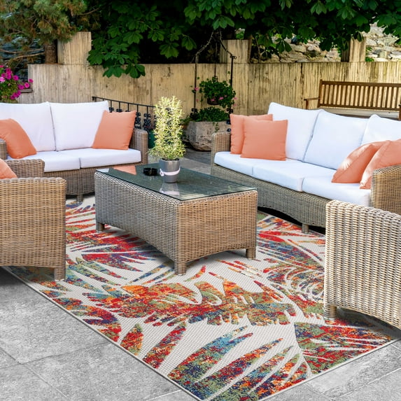 BNM Tropical Leaves Indoor Outdoor Area Rug, 3' x 5', Cream