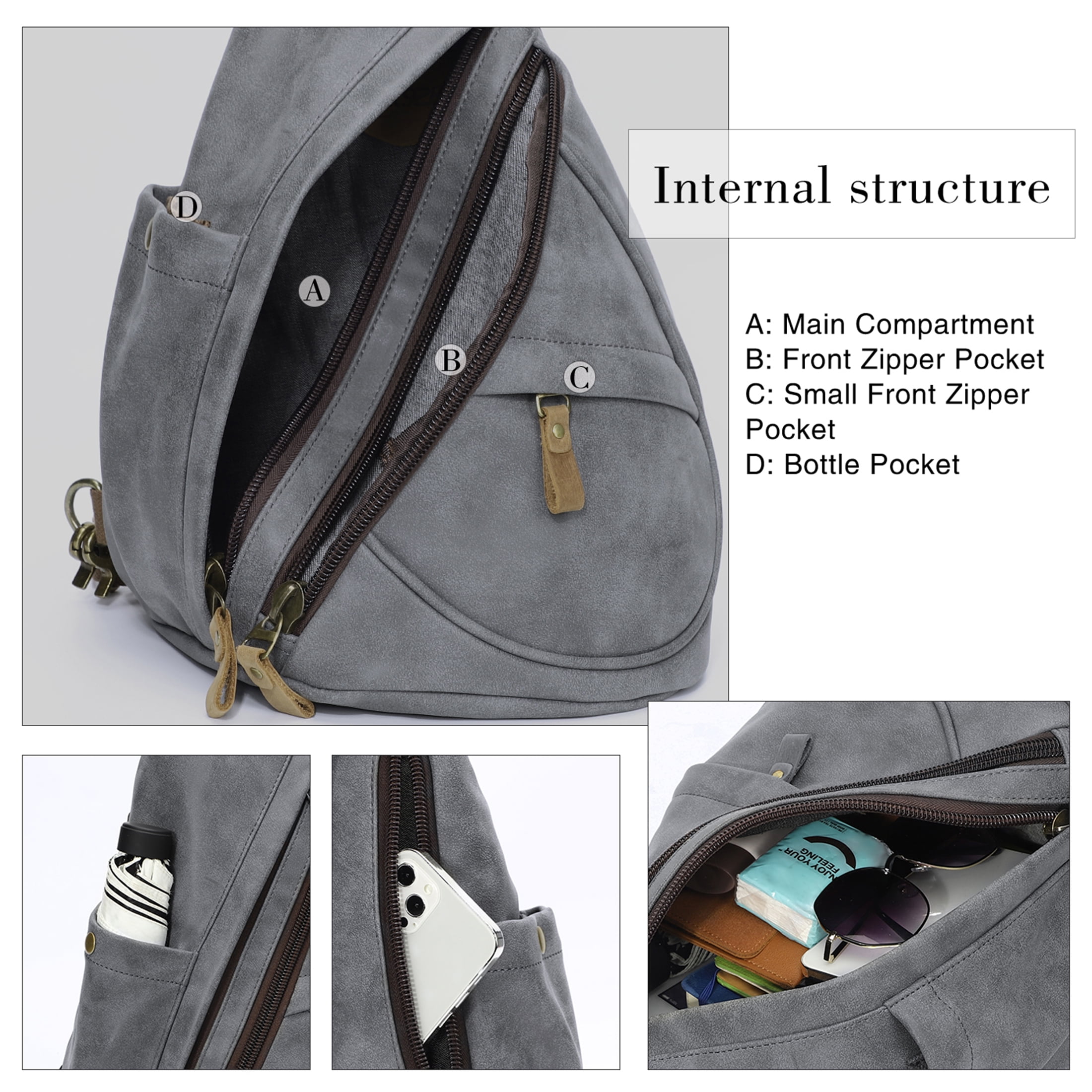 KL928 PU Leather Sling Bag Small Crossbody Backpack Shoulder Casual Daypack Rucksack for Men Women (D.Grey)