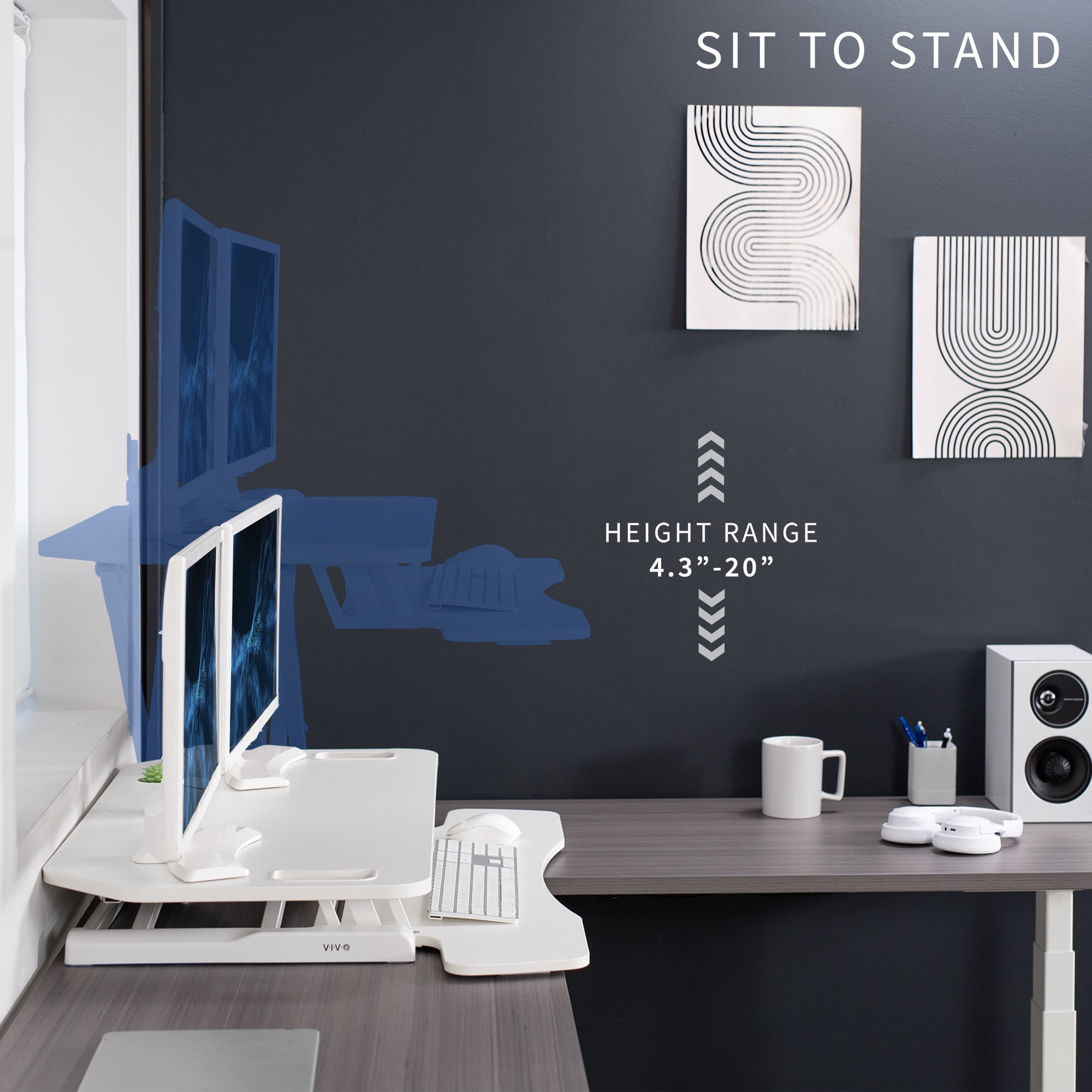 VIVO White Height Adjustable Corner Desktop Monitor Riser 38" Sit Stand Tabletop