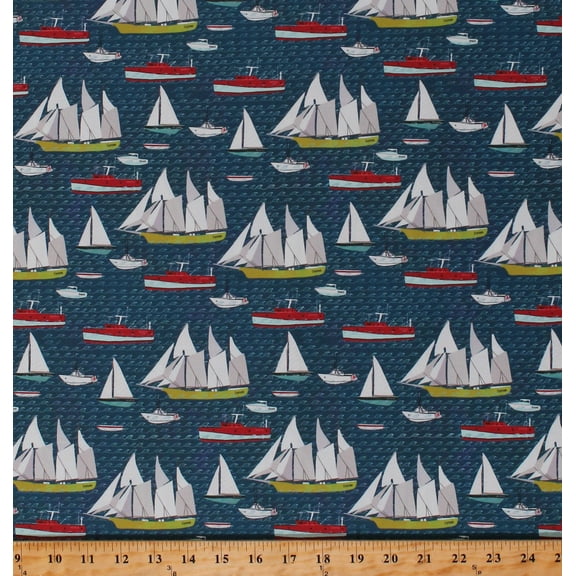 Cotton Sailboats Nautical Ocean Sea Boats Beach Lakeside Story Cotton Fabric Print by the Yard (13352-12)