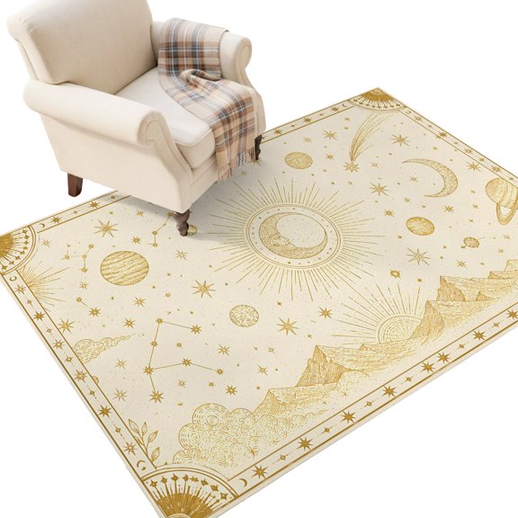 Mystical Sky Washable Area Rug 2.7 x 5 ft Fantasy Khaki Horizon Sun Moon Face Stars Mountain Soft Non‑Slip Rugs Stain Repellent Indoor Mats for Kitchen Aisle, Foyer, Foot‑of‑Bed, Mudroom