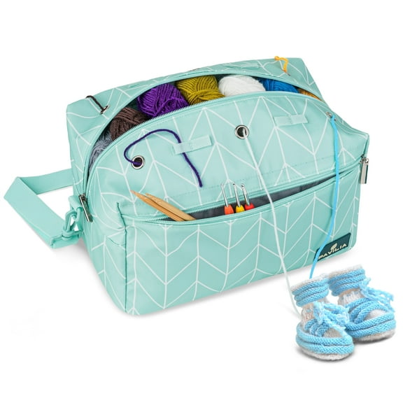 PAVILIA Knitting Bag for Crocheting, Small Crochet Bag Organizer, Yarn Storage Holder for Knitter, Crossbody Knitting Project Bag for Yarns Crochet Accessories, Gifts For Crocheter Knitter, Teal