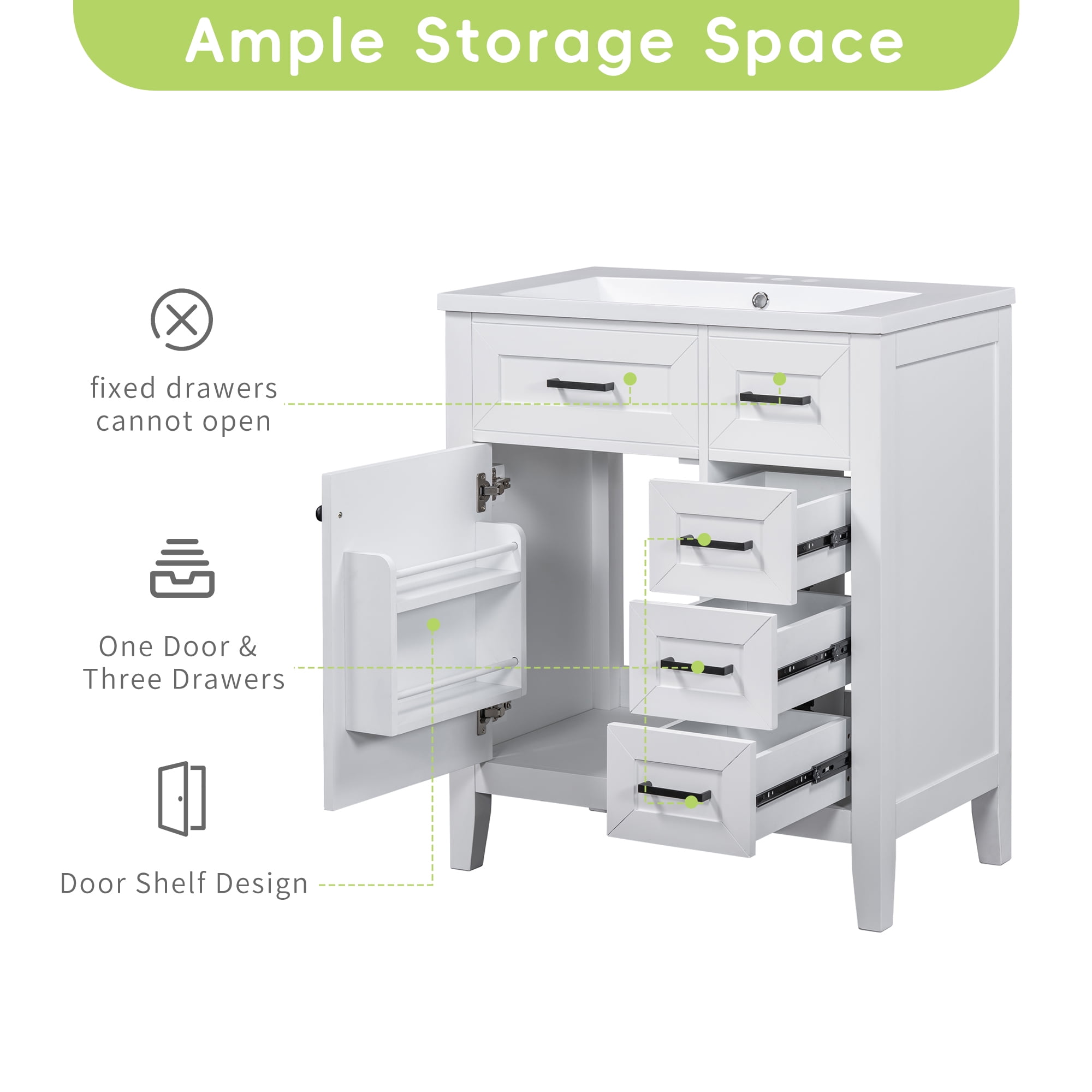 Euroco 30" Bathroom Vanity without Sink, Cabinet Base Only, Bathroom Cabinet with Drawers, Solid Frame and MDF Board, White