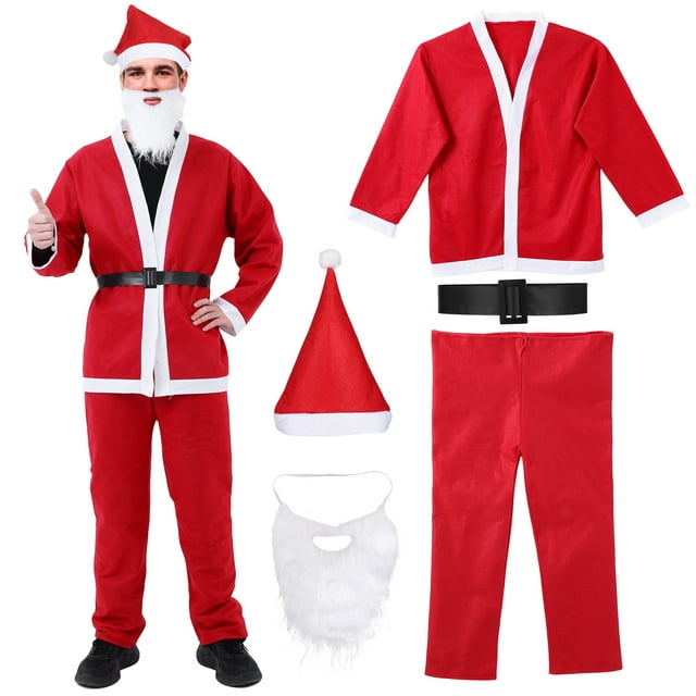 Traje de Papá Noel para hombre de 5 piezas con sombrero Cinturón de barba Traje de Papá Noel para adultos Pub Crawl