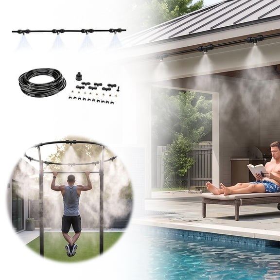 Outdoor Misting Cooling System, 4-Nozzle Patio Fogging Spray Kit,Fine Mist Hose for Trampoline, Garden, and Backyard Summer Cooling,65.6ft