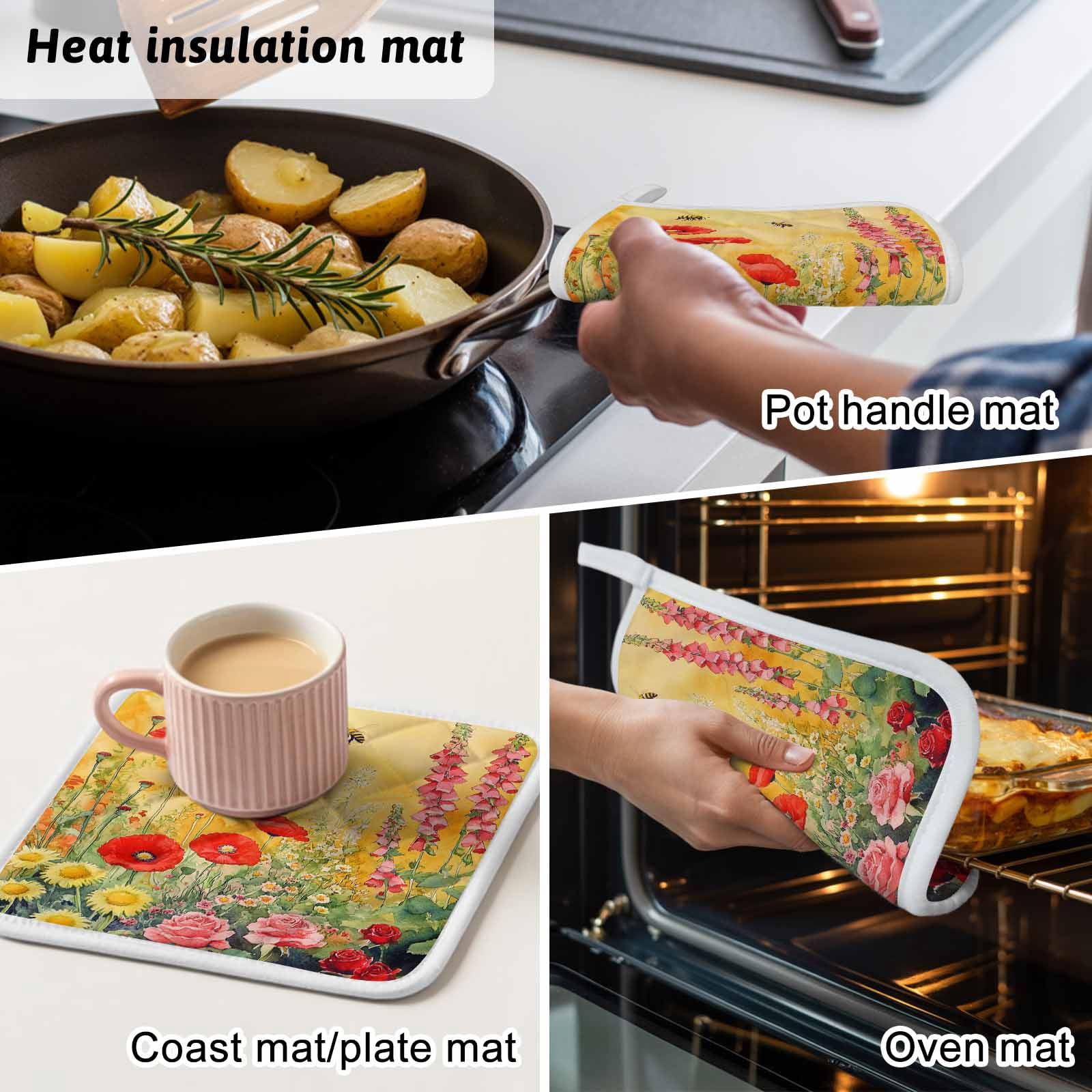 Poppy Botanical Pot Holders for Kitchen Heatproof Potholder, 5 Pack Vintage Floral Yellow Ombre Hot Pads Multipurpose Oven Pads Cloth Potholders Trivet for Cooking Baking