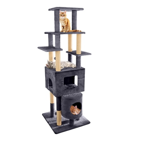 PETMAKER 68in Tall Cat Tree with Kitty Condos, Perches, Scratching Posts, and Hanging Toy (Gray)