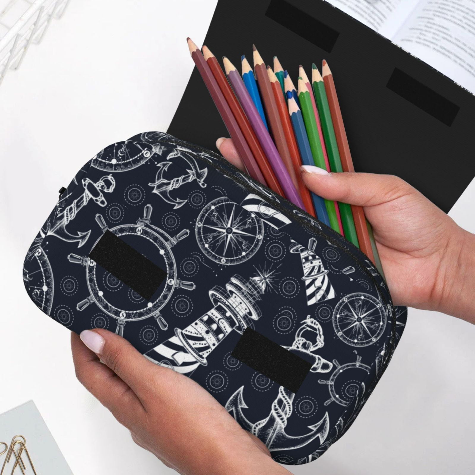 Rateoe Anchors and Lighthouse Pattern Double Clamshell Pen Case, Storage Organizer with Two Zipper Compartments– Holds Up to 50 Pencils & Pens