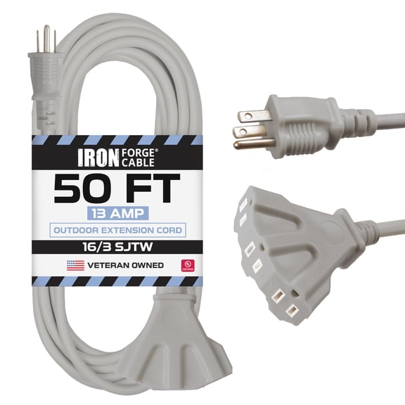 Iron Forge Cable 50 ft Gray Outdoor Extension Cord with Multiple Outlets, 16/3 SJTW 50 Foot Grey Outdoor & Indoor Extension Cord with 3 Outlets, 3 Prong, Weatherproof 13 Amp Heavy Duty Power Cable