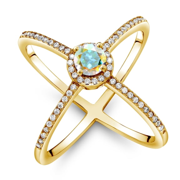 Gem Stone King 1.37 Ct Round Mercury Mist Mystic Topaz 18K Yellow Gold Plated Silver Criss Cross X Ring (Size 6)