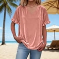thumbnail image 2 of Women's Loose Fit Short Sleeve V Neck Top Shirts Blouses with Ruffled Hollow Out Cuffs and Velvet Trim Casual Daily Wear Vacation Outfits Fashion Essential Gift | Sopatenor,Pink XL, 2 of 9