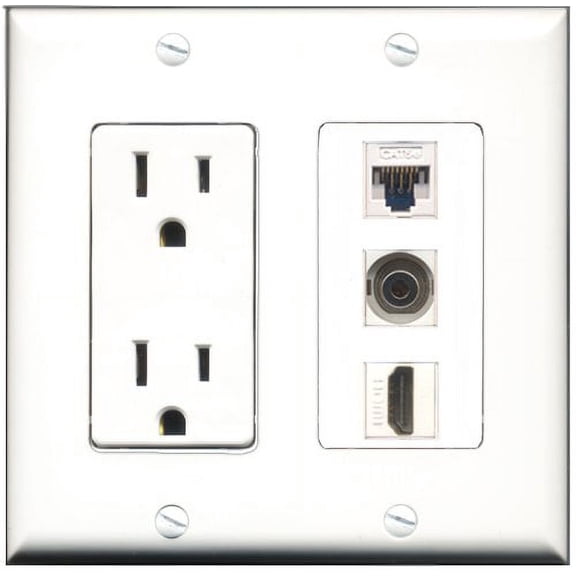 RiteAV - 15 Amp Power Outlet 1 Port HDMI 1 Port 3.5mm 1 Port Cat5e Ethernet White Decorative Wall Plate