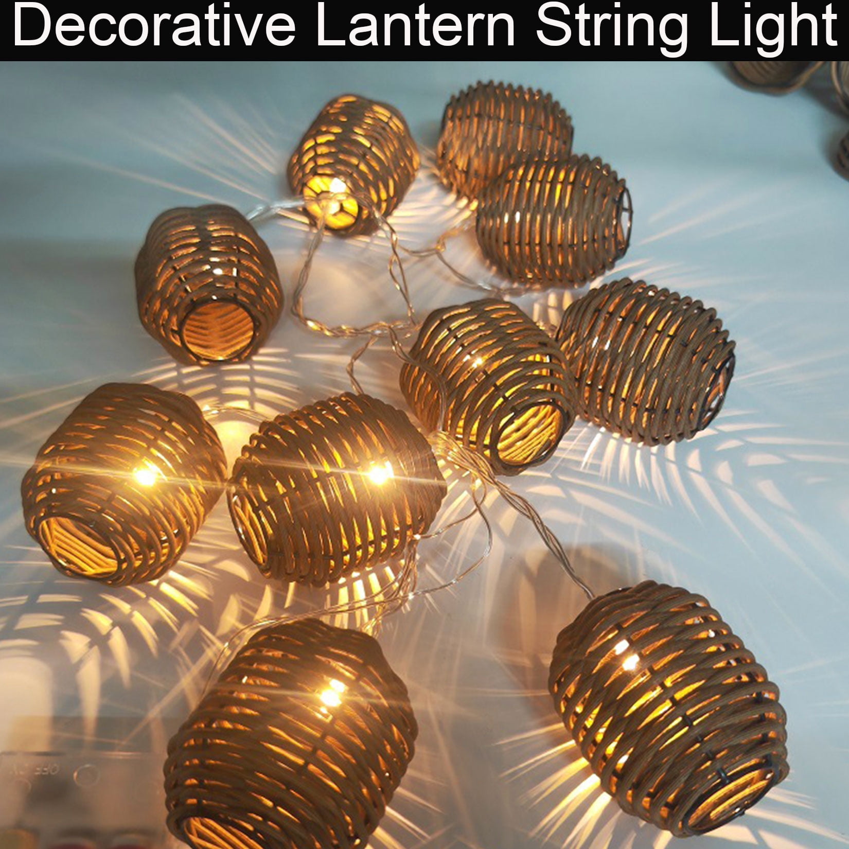 Decorative Lantern Rattan String Lights - 10ft 15 Lights Indoor Outdoor Patio String Lights for Bedroom Home Pergola Porch Party Backyard, Multiple Functions