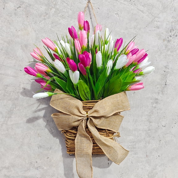 Artificial Tulip Hanging Basket,14n White Tulip Wreath, Artificial Tulips Door Wreaths, Outdoor Artificial Flower Wreath for Front Door, Wedding, Patio, Wall, Garden, Home Decoration