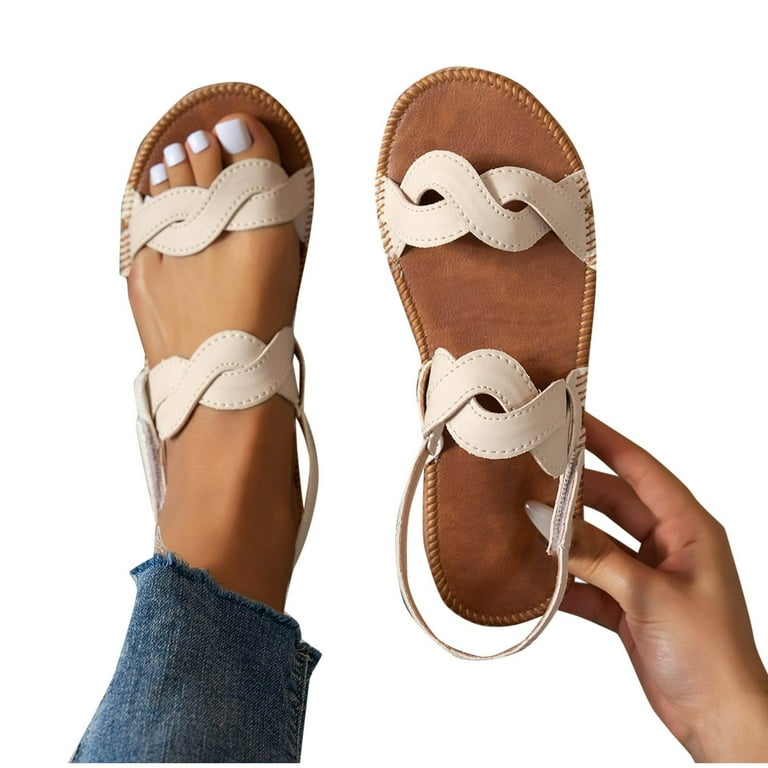 Miluxas Womens Sandals Braided Upper Flat Dress Sandals Round Open Toe Summer Shoes Beige 5.5(36), Women's