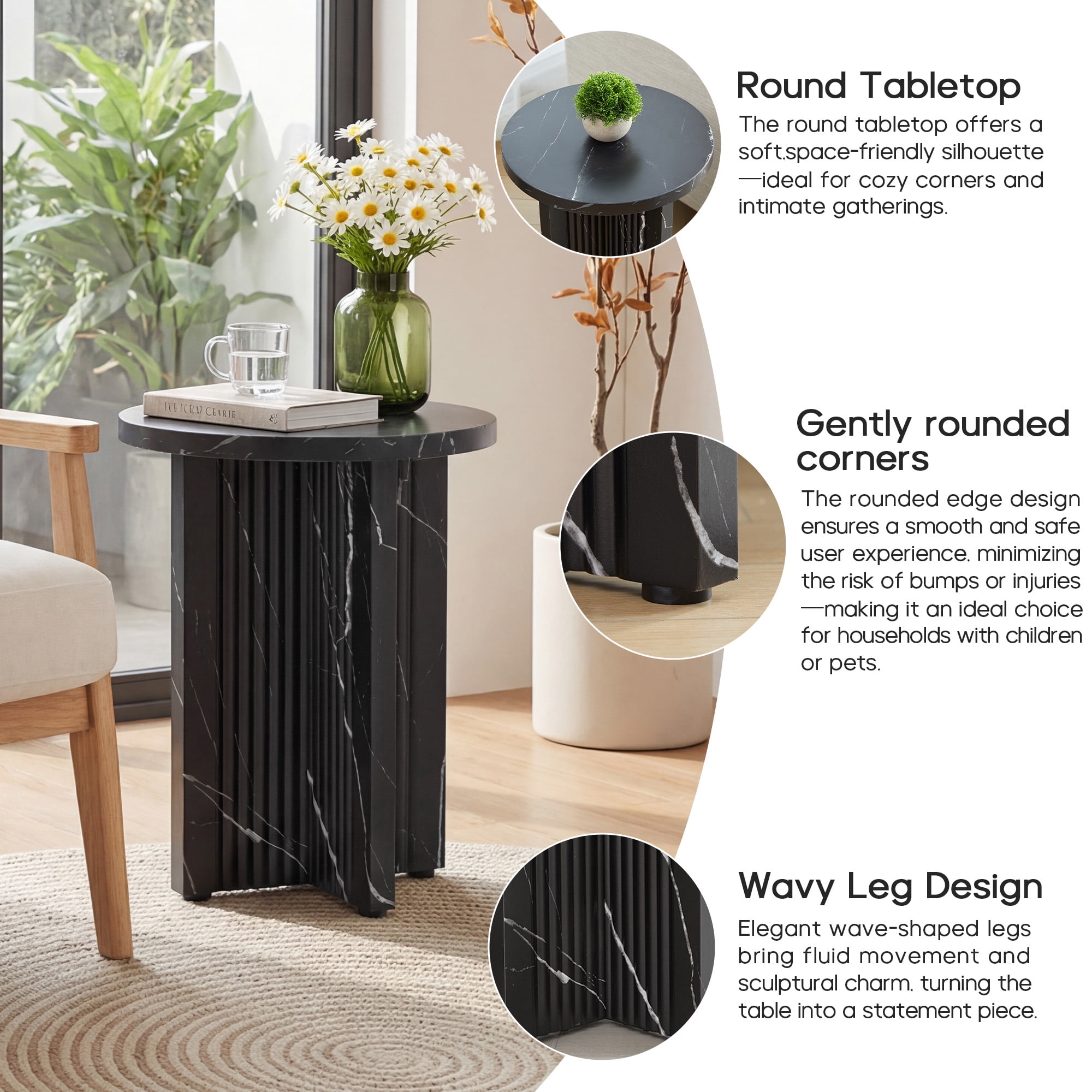 YOCWO Round Small End Tables for Living Room with Wave Base, Mordern MDF Side Table for Bedroom Small Space with Marble Veneer Finish, Black