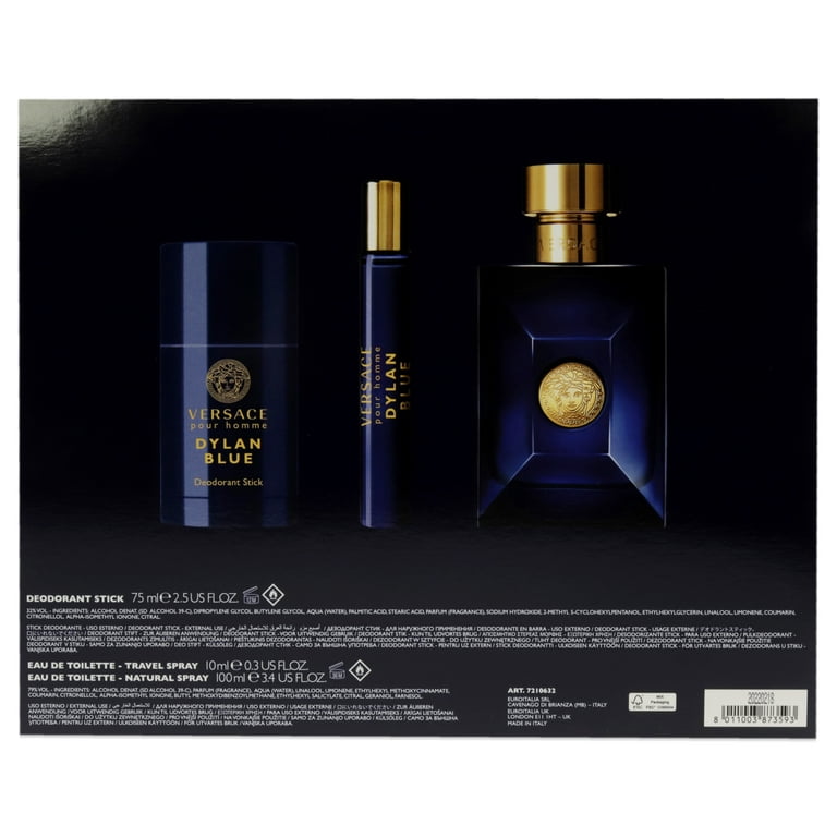 Versace Dylan Blue Gift Set For Men 3 PCS (3.4 Oz Eau de Toilette + 0.3 Oz  Travel Spray + 2.5 Oz Deodorant Stick) 
