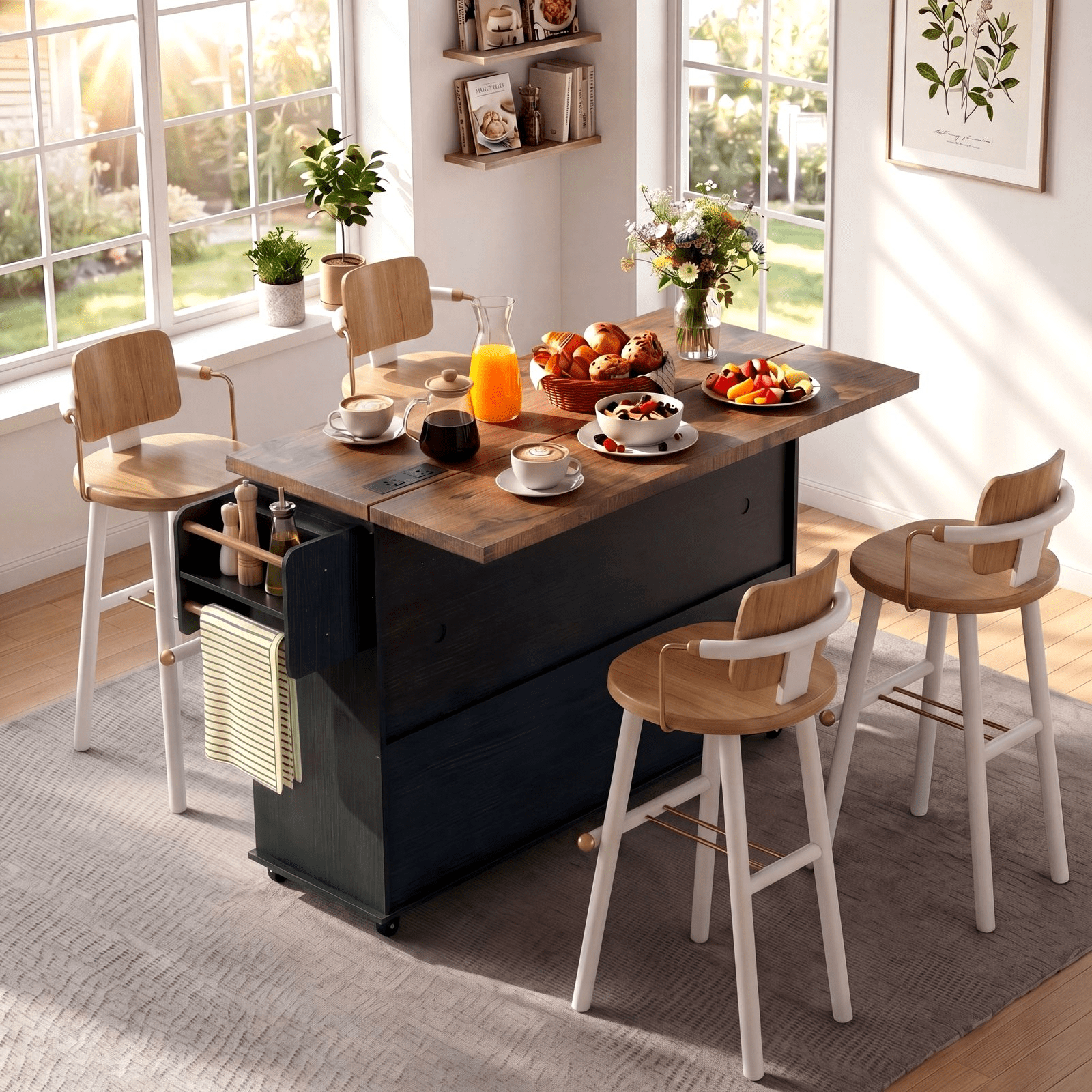ROGALIS Kitchen Island w/Outlet&Towel Rack, 60" Kitchen Storage Cart w/Foldable Countertop, Black