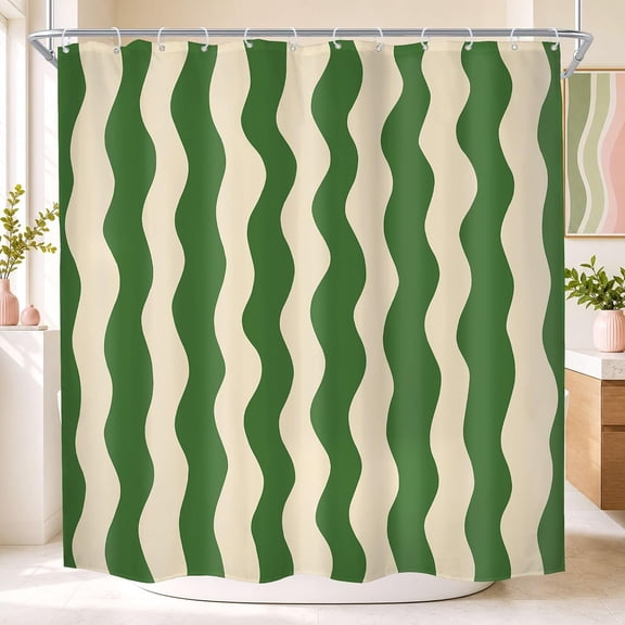 Green And Cream Wavy Stripe Shower Curtain Abstract Modern Minimalist Bathroom Decor Waterproof Fabric 71x71 inches