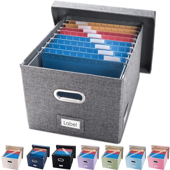PRANDOM File Organizer Box - Set of 1 Collapsible Decorative Linen Filing Storage Hanging File Folders with Lids Office Cabinet Letter/Legal Size Gre