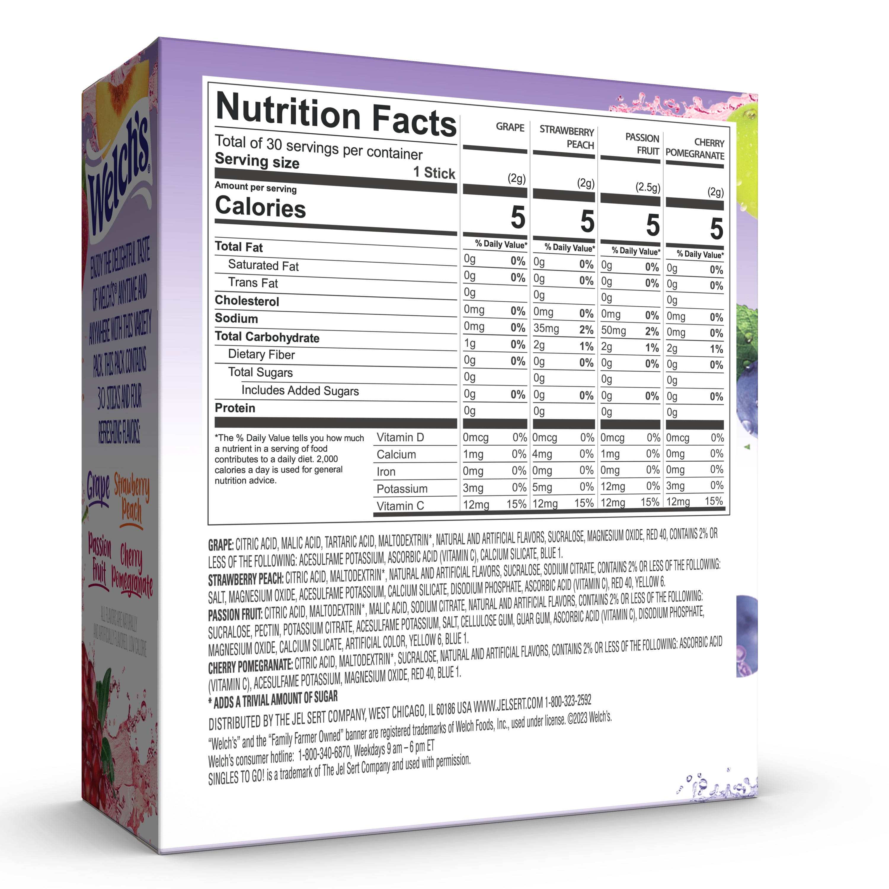 Welch's Zero Sugar Variety Pack Singles to Go Powdered Drink Mix, Grape, Passion Fruit, Strawberry Peach, Cherry Pomegranate, 30 Count Packets
