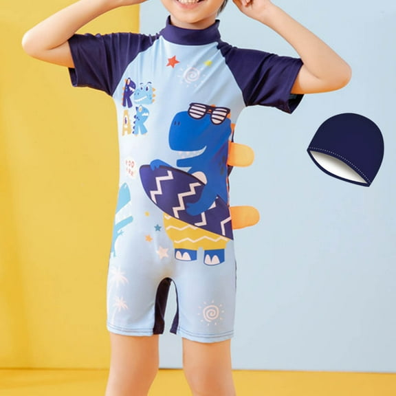 Cethrio Boys Swimsuit Sets, Short Sleeve 2025 2 Piece Swimsuits & Swim Caps Sets Blue Size 7-8 T