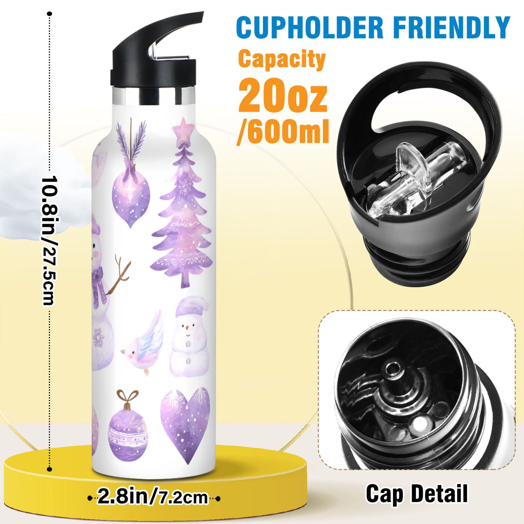 600ML Stainless Steel Insulated Cup Sports Water Bottle Portable Thermos Cup Water Glasses Insulated Tumblers Convenient and Durable Cute Purple Christmas Snowman