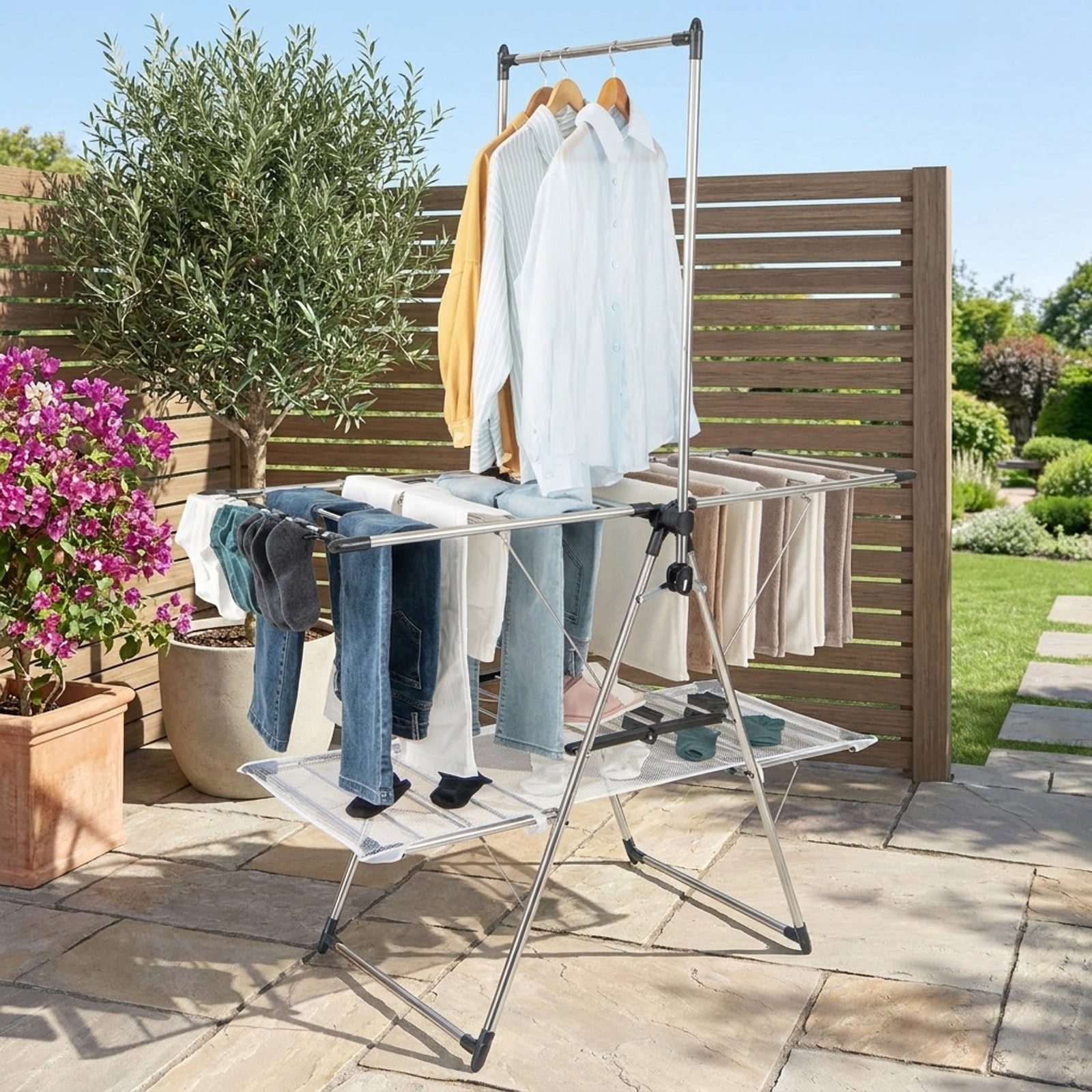Vebreda Large Foldable Clothes Drying Rack with Tall Hanging Bar, Smart Drying Solution, Height Adjustable Gullwing, Superior Stainless Steel
