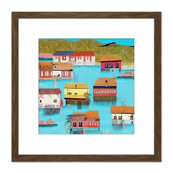 Polynesian Fishing Village Houses On Water Folk Art Collage Style Modern Painting Square Wooden Framed Wall Art Print Picture 8X8 Inch