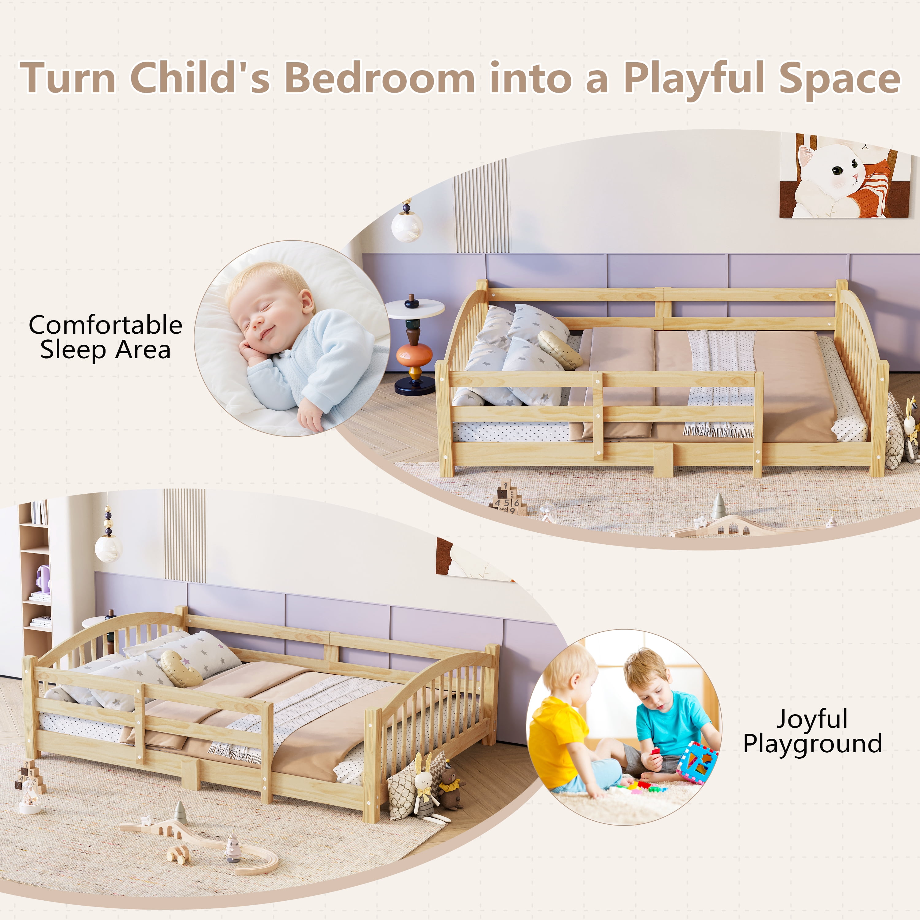 Harper & Bright Designs Twin Montessori Floor Bed with Safety Guardrails, Solid Wood Floor Bed with Fence for Girls and Boys Bedroom, Natural