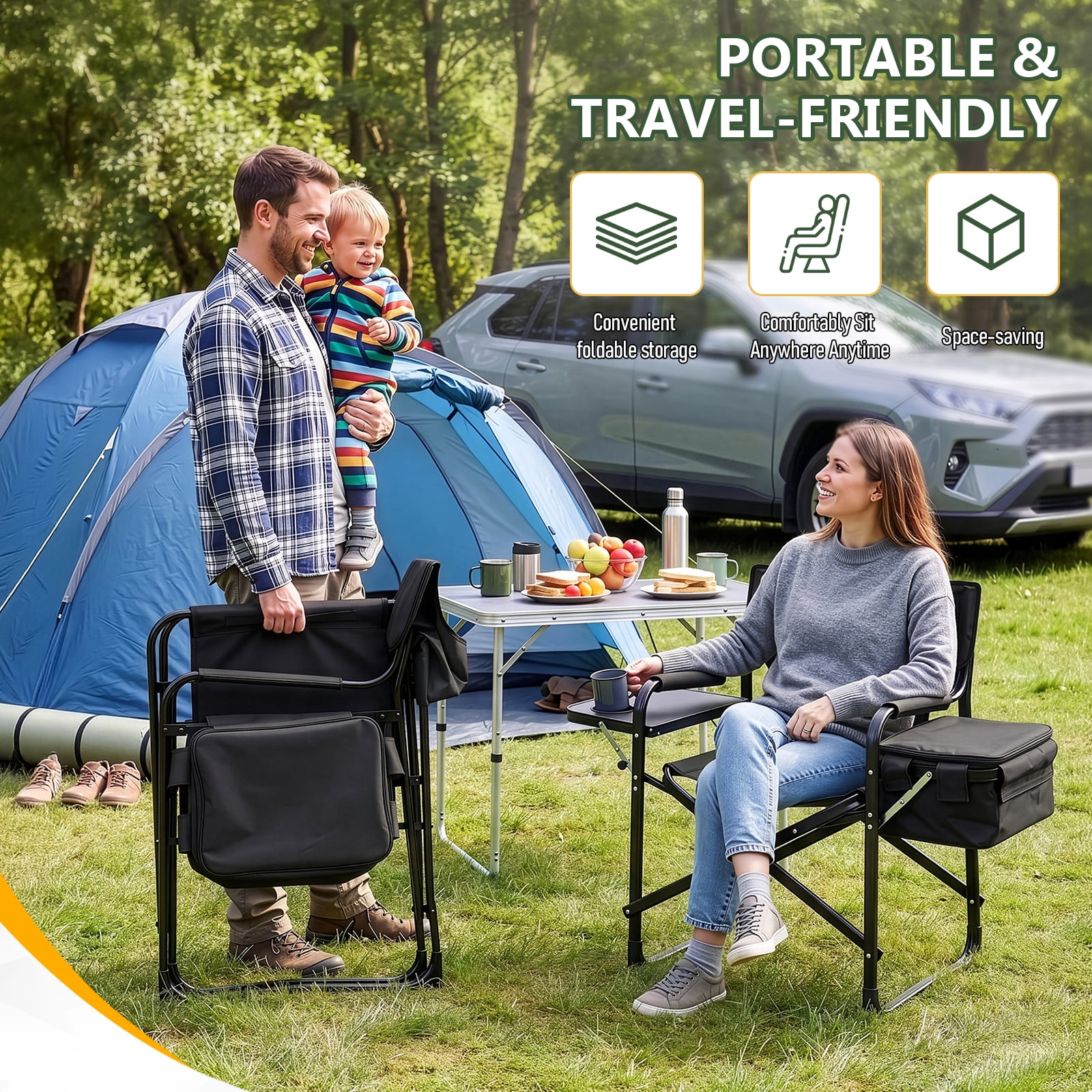 Folding Camping Chair with Side Table & Insulated Cooler Bag, Spray-Coated Aluminum Frame, 265 lbs Capacity Foldable Outdoor Chair for Camping Beach Fishing Picnic, 46.46" x 20.87" x 33.46"