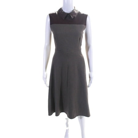

Pre-owned|BCBGMAXAZRIA Womens Faux Leather Trim Houndstooth Dress Brown Red Size 2