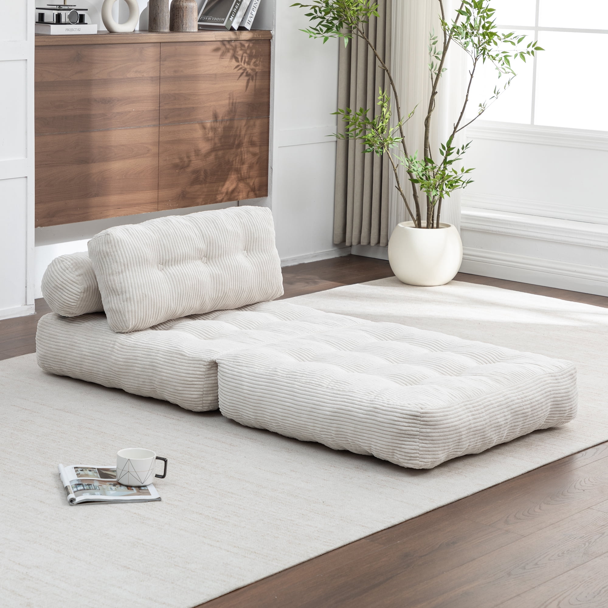 Foldable Floor Couch Converts to Bed, Portable Folding Sofa Bed with Lumbar Support Pillow for Apartments and Guest Room, Beige Corduroy