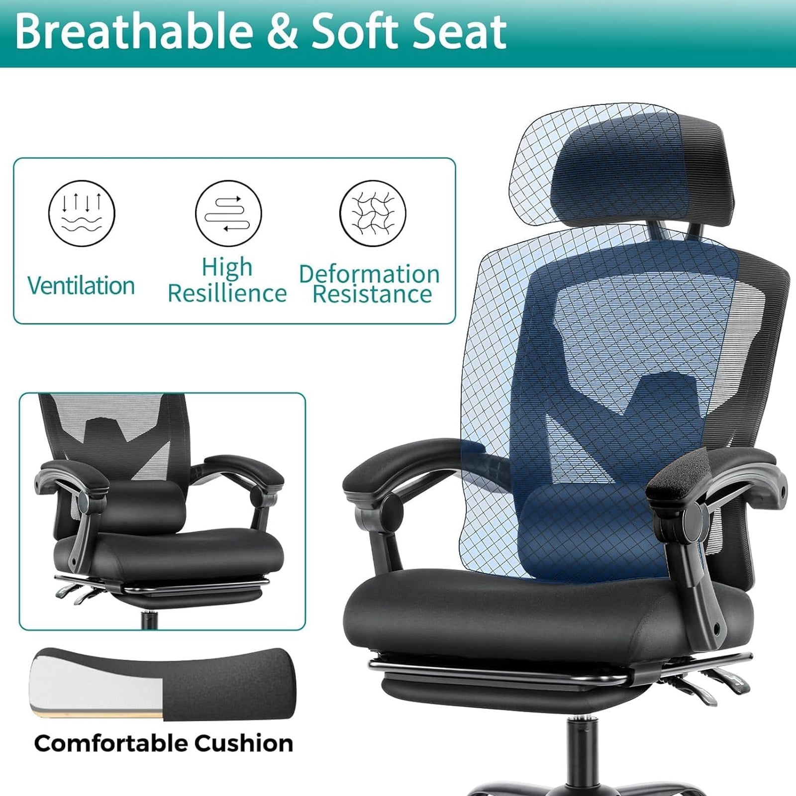 Casabay Ergonomic Home Office Desk Chair, High Back Mesh Reclining Swivel Chair with Footrest & Armrest for Back Pain Relief, Black