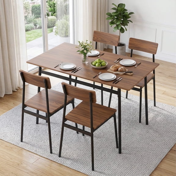 AENKYO 5-Piece Dining Table Set for 4, Walnut Wood Top Kitchen Table with 4 Chairs, Space Saving for Small Spaces