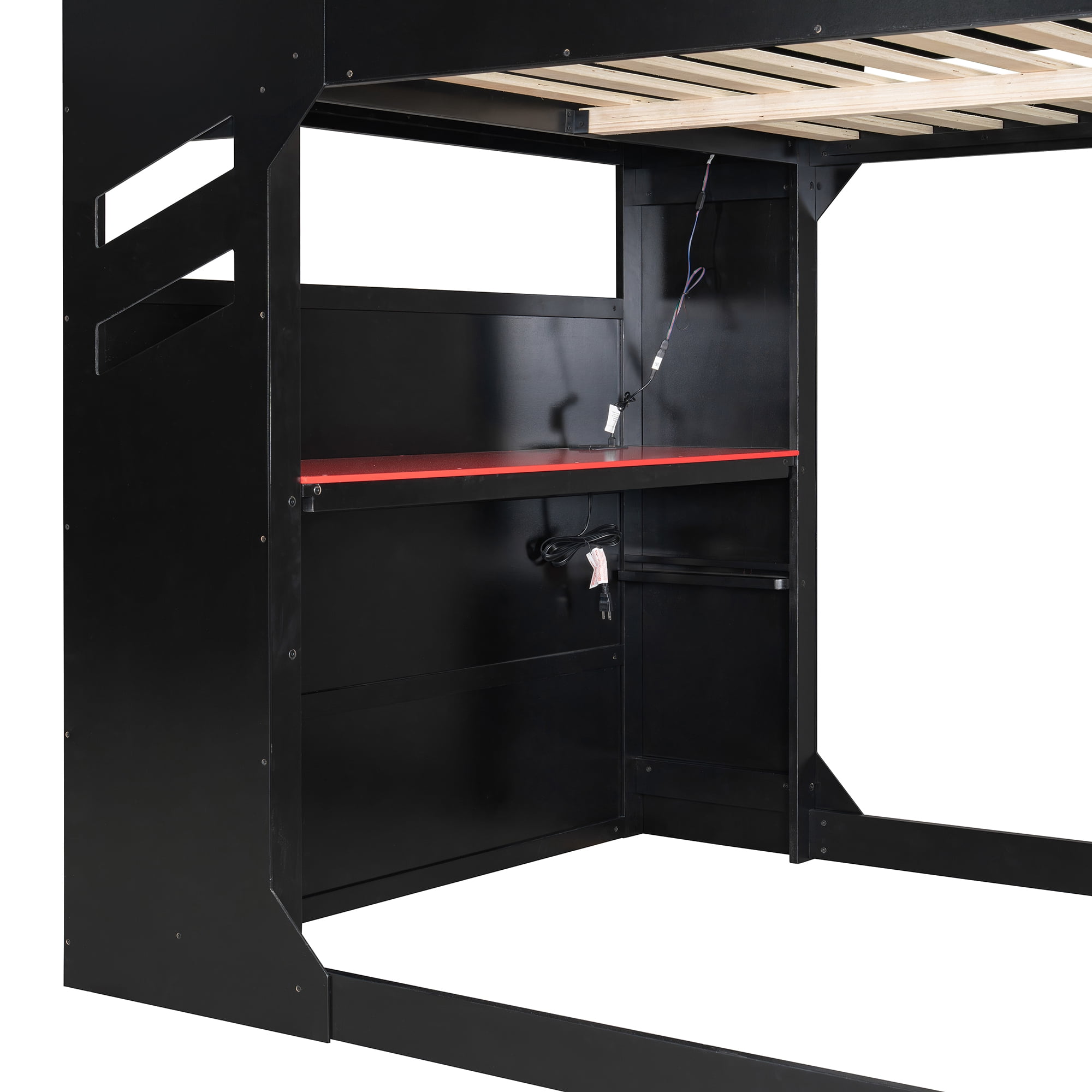 Aukfa Full Size Gamer Loft Bed with Adjustable Desk, RGB LED Lights, Drawers, Charging Station, Storage Compartments & Clothes Hanging Rod, Wooden Esports Bed, Red