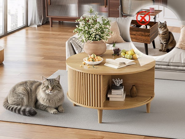 CDCASA Round Coffee Table with Storage, Fluted Lift Top Coffee Tables for Living Room, Mid Century Modern Round Center Table with Sliding Cabinet Door, Light Brown
