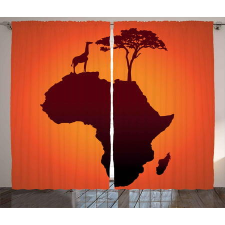 African Decor Curtains 2 Panels Set, Safari Map with Continent Giraffe and Tree Silhouette Savannah Wild Design, Window Drapes for Living Room Bedroom, 108W X 84L Inches, Orange Brown, by