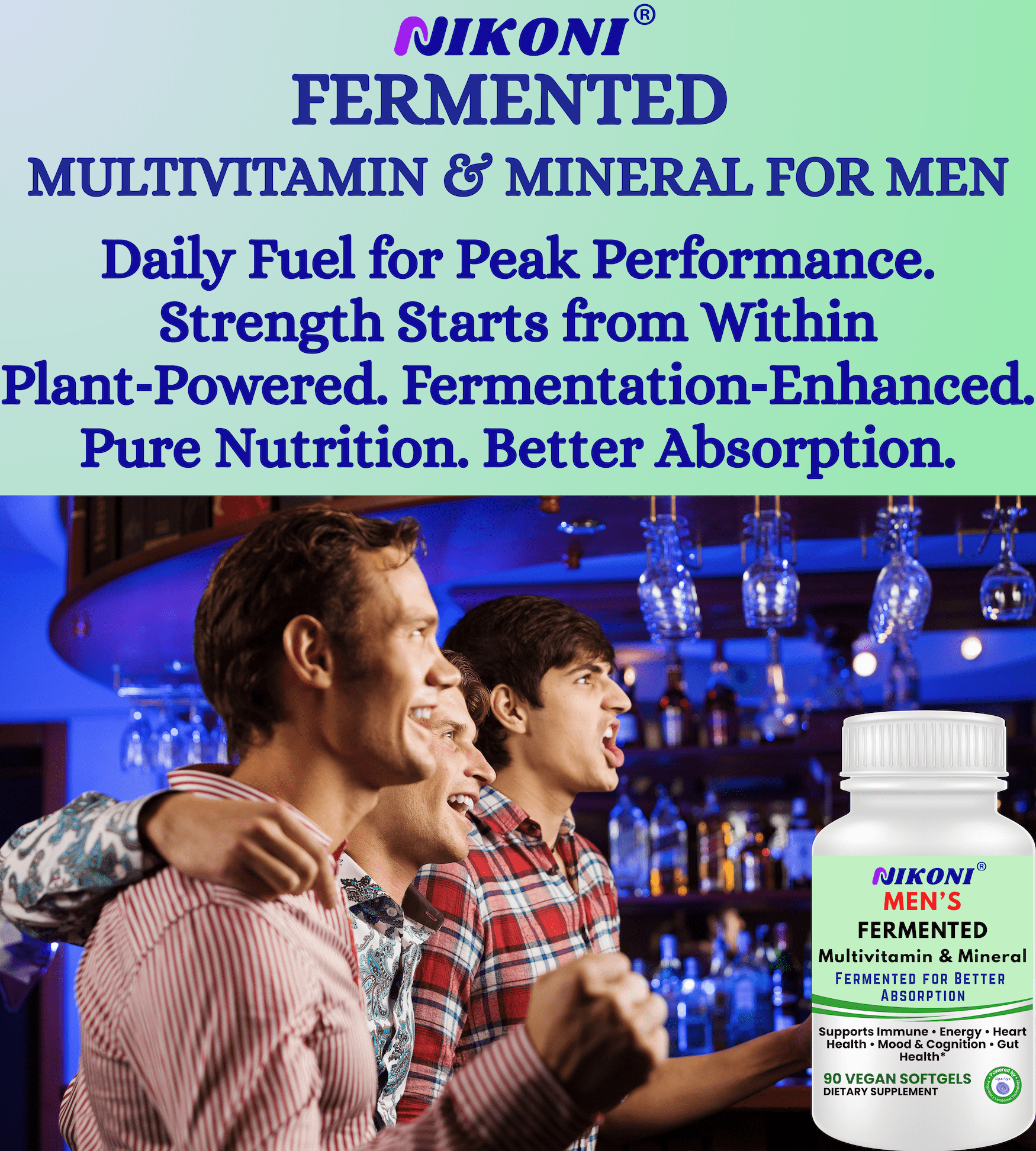 Nikoni Men's Fermented Multivitamin and Mineral Supplements Vegan Softgels Fermented for Better Absorption 90 Count