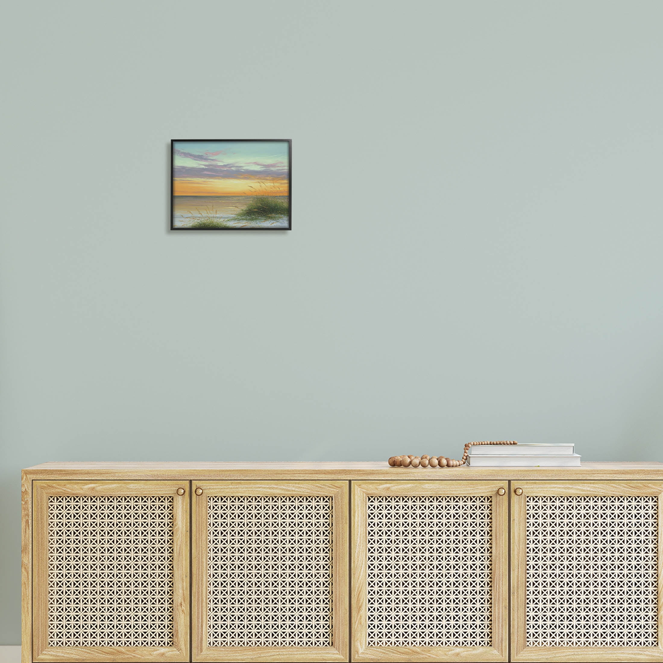 Coastal Reeds Sunset Beach Shore Coastal Painting Black Framed Art Print Wall Art