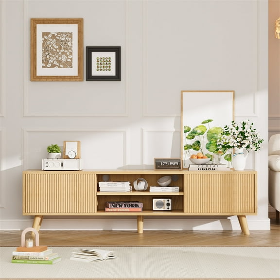 Yeahumalia Boho Fluted TV Stand for TVs up to 70 Inch, Mid Century Modern TV Console Bable Entertainment Center with Storage for Living Room, Bedroom, Nature Wood Color