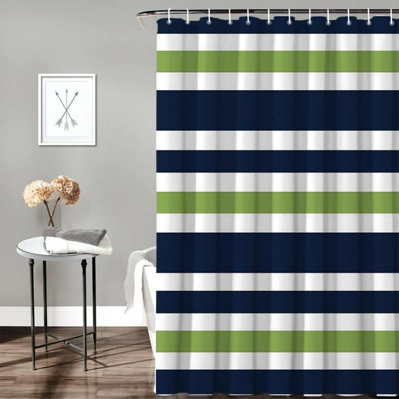 Navy Blue, Lime Green and White Kids Bathroom Fabric Bath Stripes Shower Curtain,72x72inch